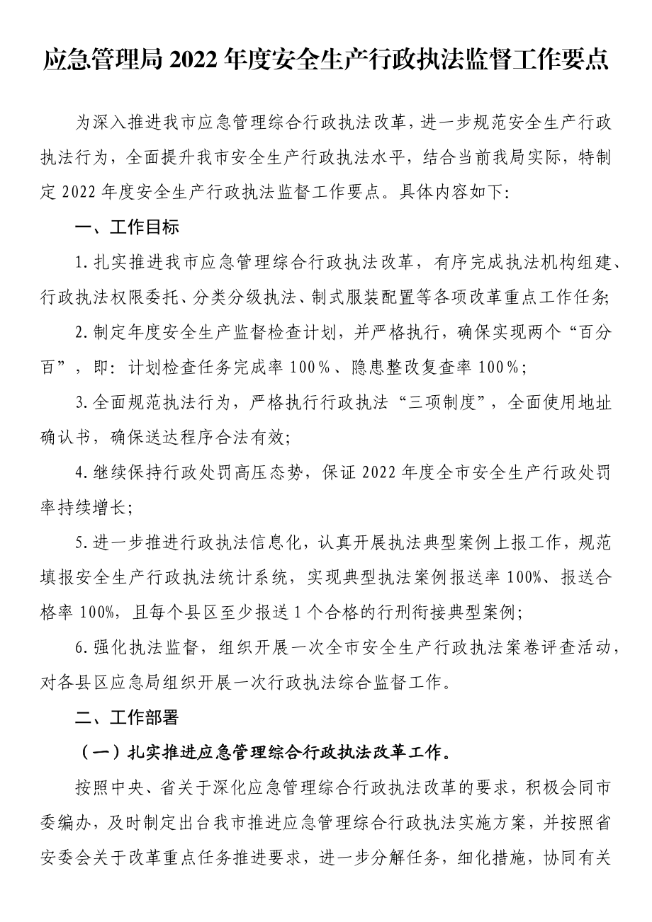 应急管理局2022年度安全生产行政执法监督工作要点.docx_第1页