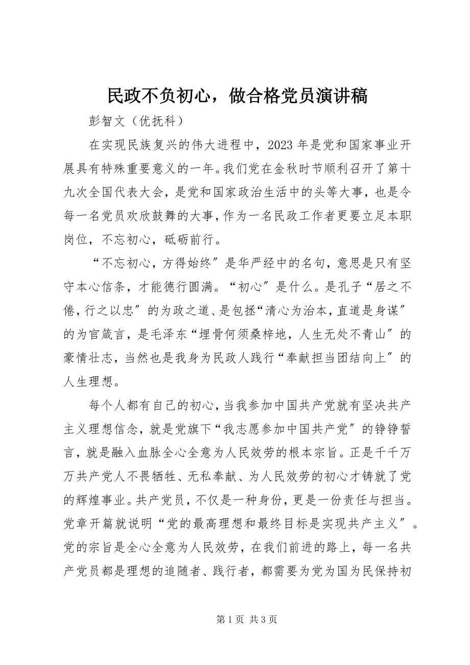 2023年民政不负初心做合格党员演讲稿.docx_第1页