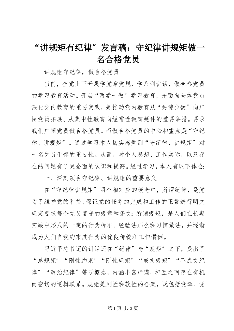 2023年讲规矩有纪律讲话稿守纪律讲规矩做一名合格党员.docx_第1页