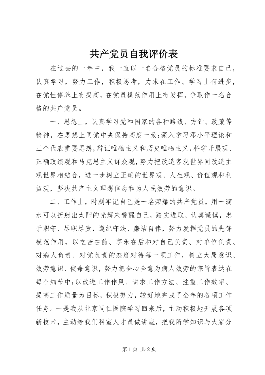 2023年共产党员自我评价表.docx_第1页