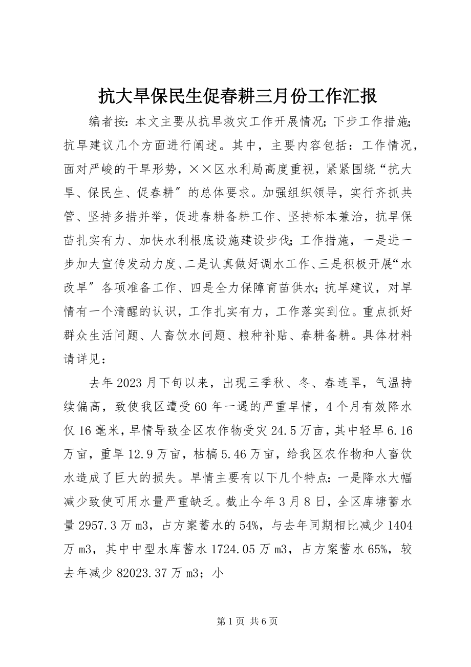 2023年抗大旱保民生促春耕三月份工作汇报.docx_第1页