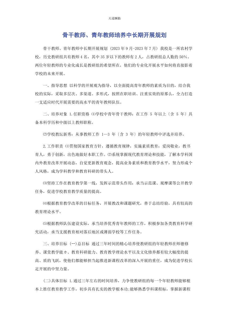 2023年骨干教师青教师培养中长期发展规划范文.docx_第1页