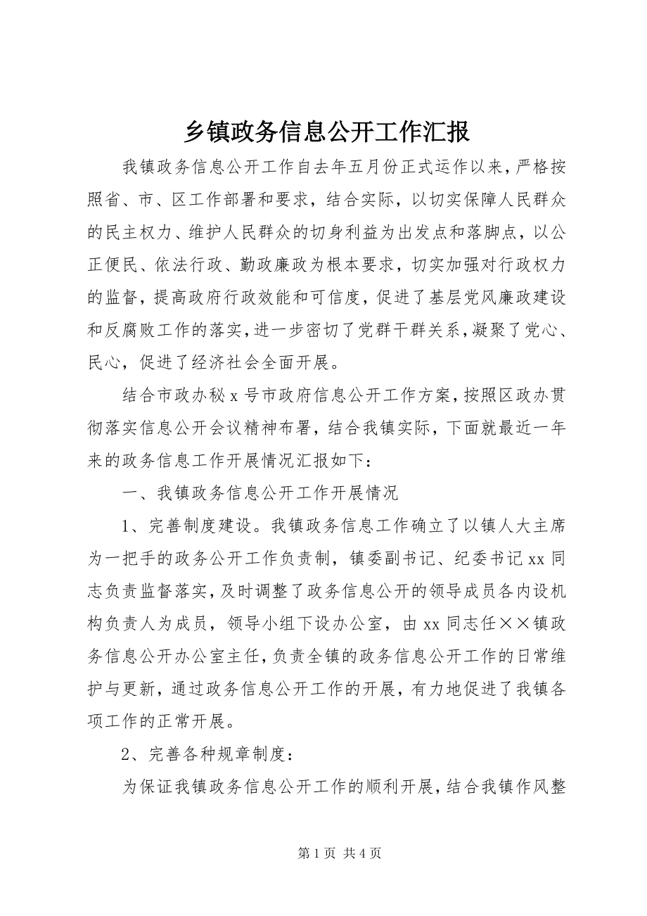 2023年乡镇政务信息公开工作汇报.docx_第1页