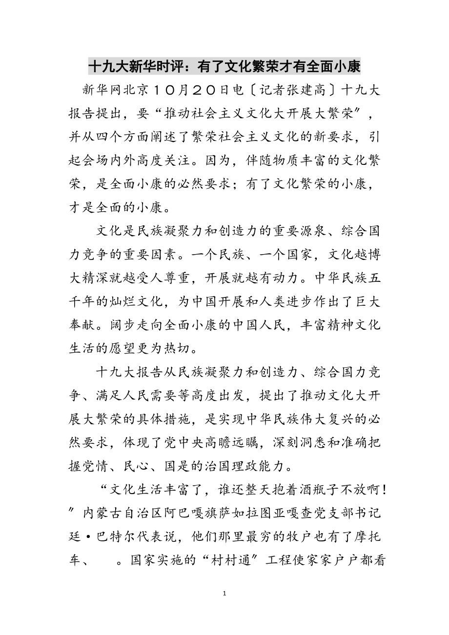 2023年十九大新华时评：有了文化繁荣才有全面小康范文.doc_第1页