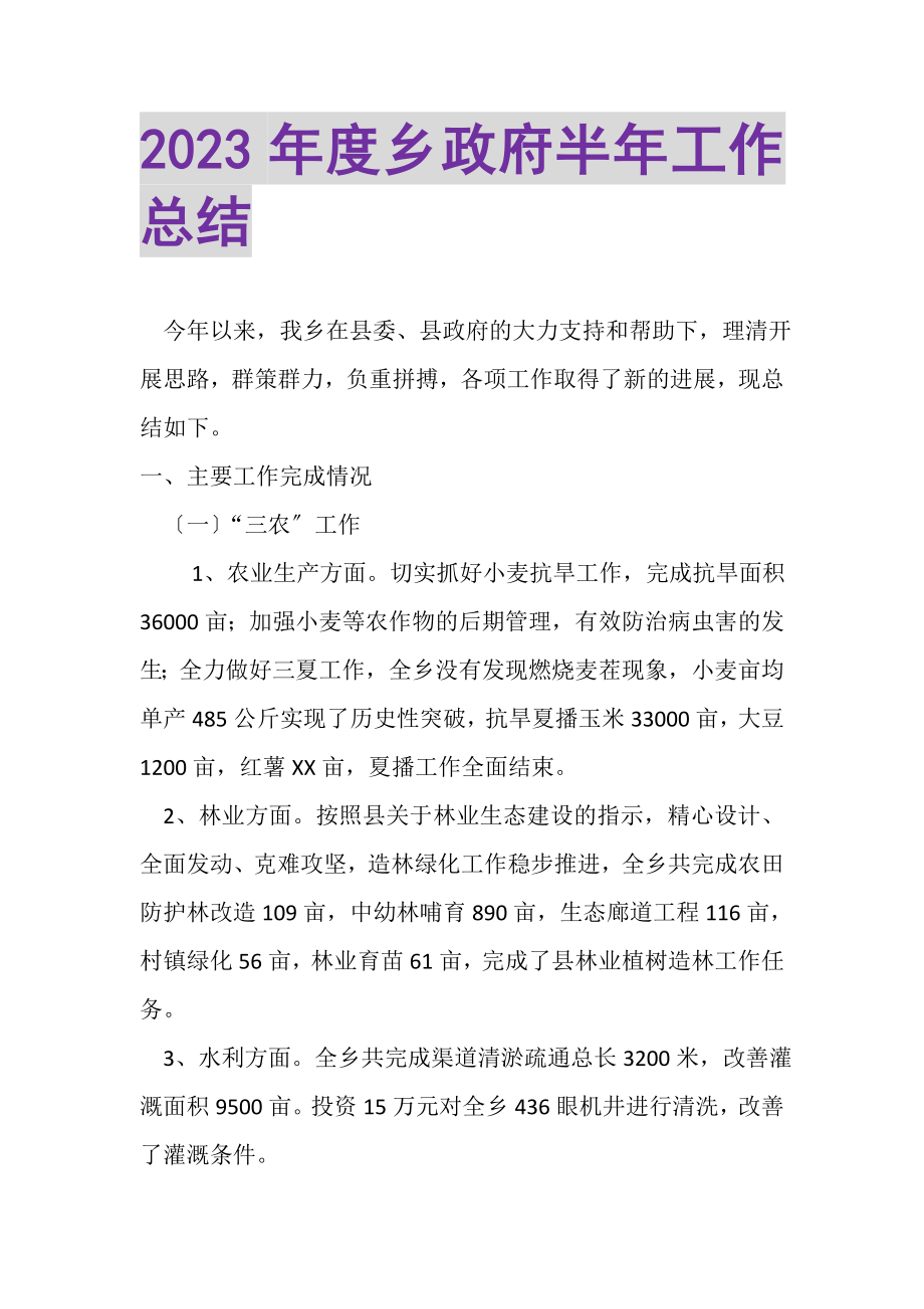 2023年度乡政府半年工作总结.doc_第1页