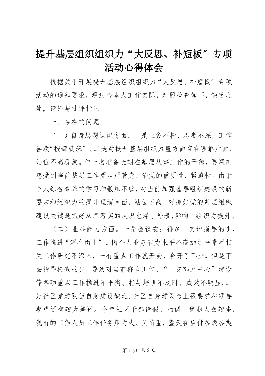 2023年提升基层组织组织力“大反思补短板”专项活动心得体会.docx_第1页