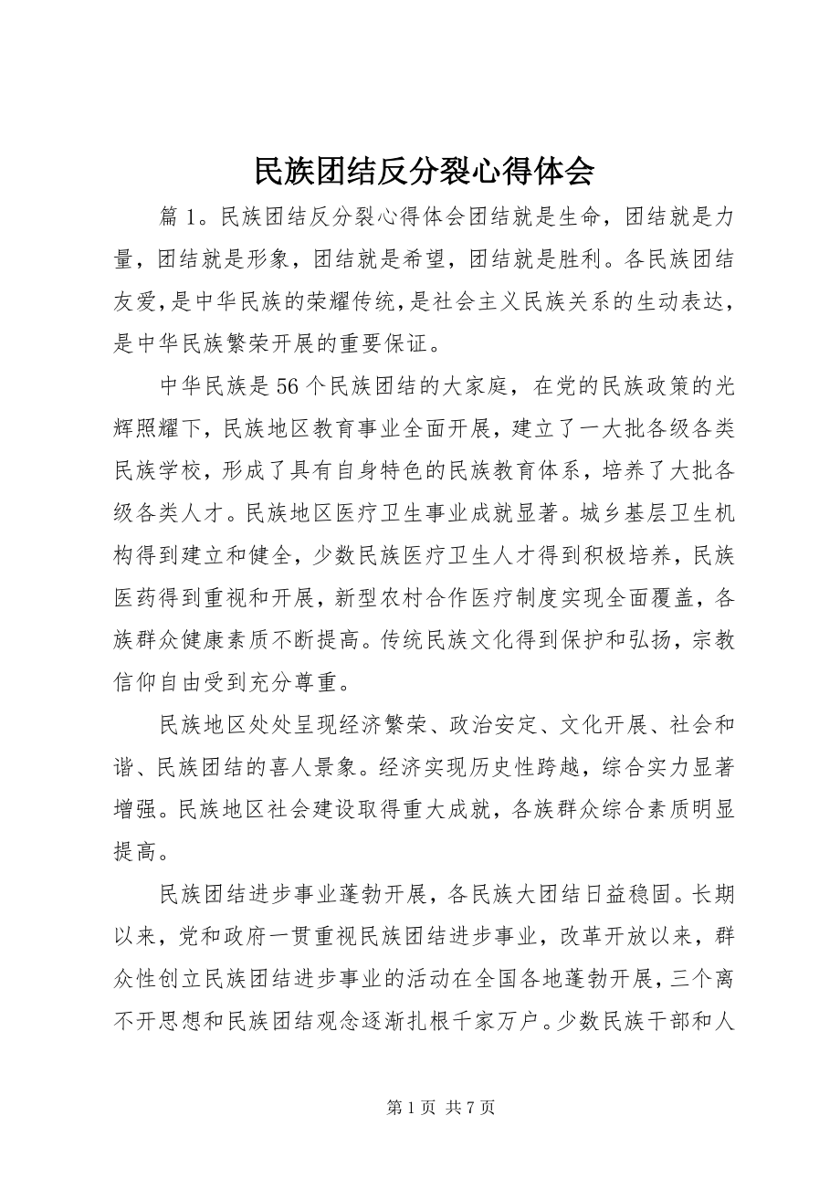 2023年民族团结反分裂心得体会.docx_第1页