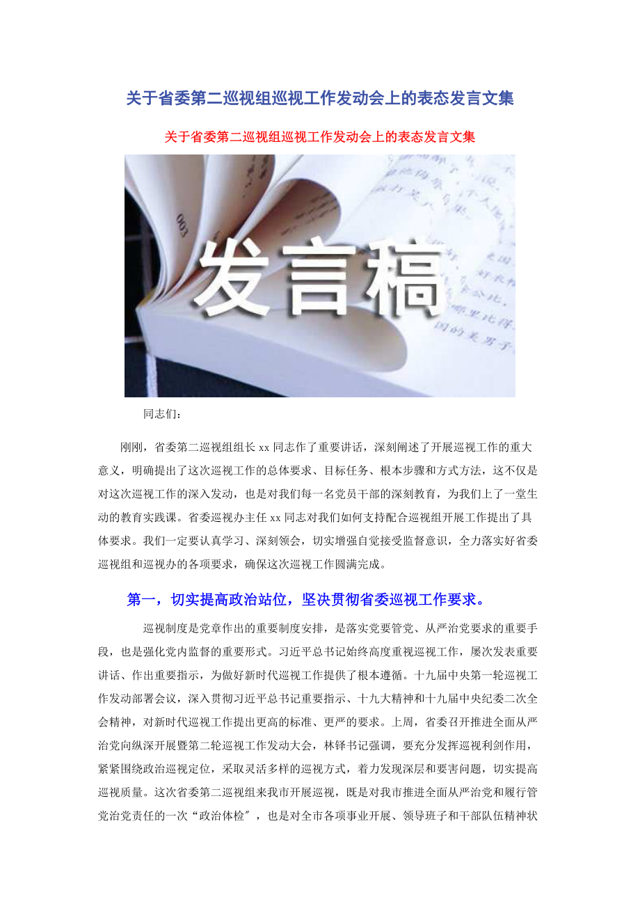 2023年省委第二巡视组巡视工作动员会上的表态发言文集.docx_第1页