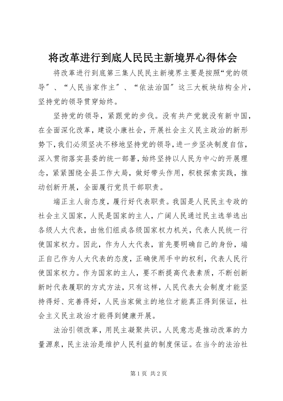 2023年将改革进行到底人民民主新境界心得体会.docx_第1页