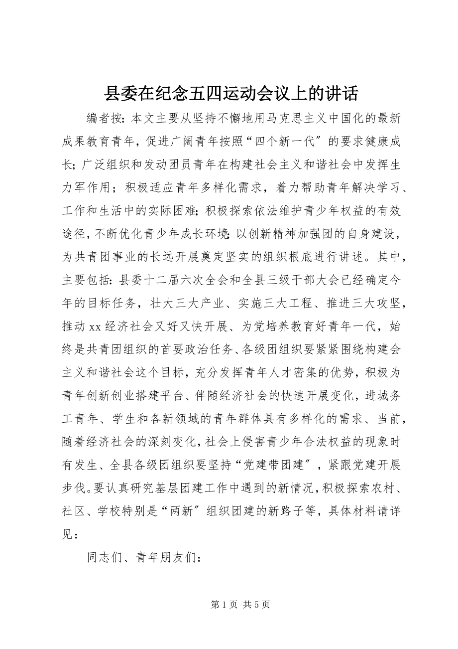 2023年县委在纪念五四运动会议上的致辞.docx_第1页