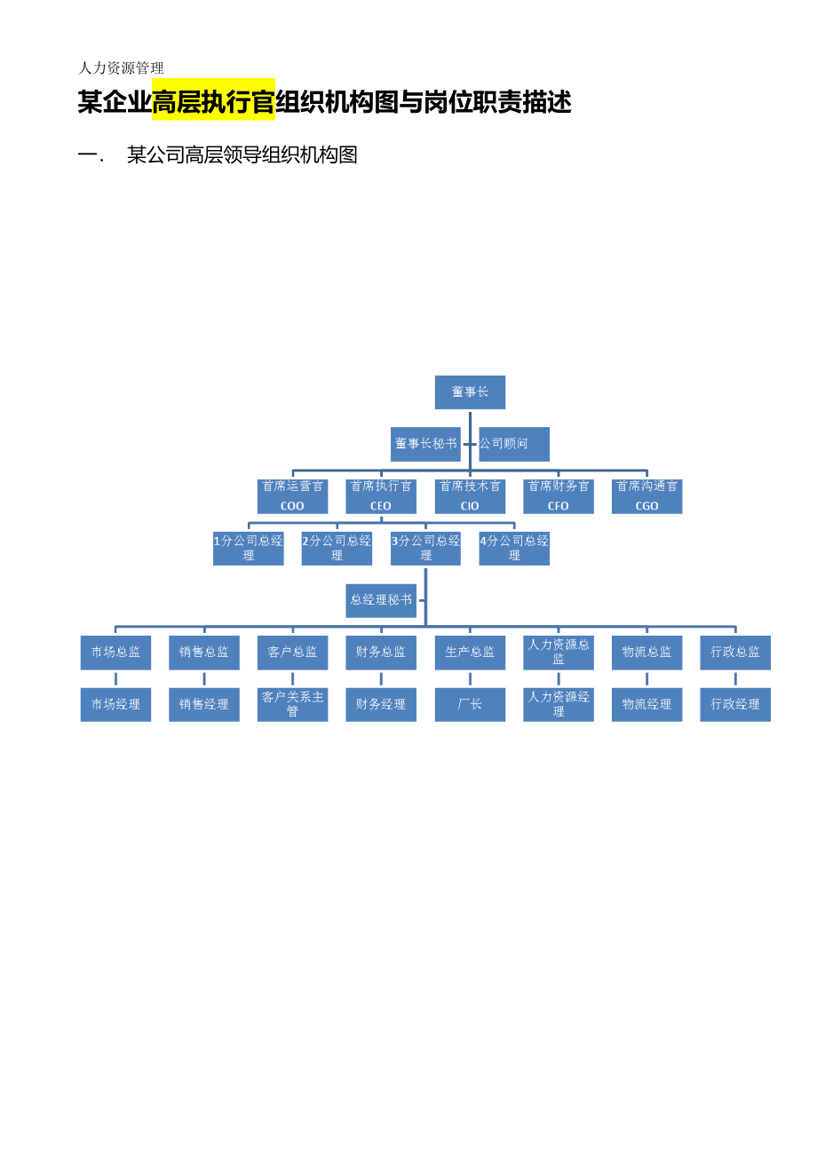 人力资源管理 企业管理 岗位说明 高层执行官.docx_第1页