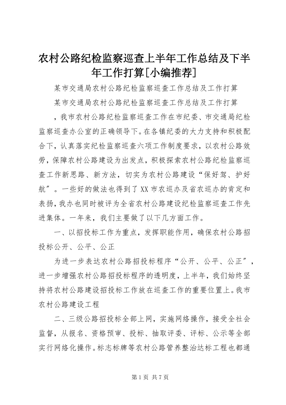 2023年农村公路纪检监察巡查上半年工作总结及下半年工作打算小编推荐.docx_第1页