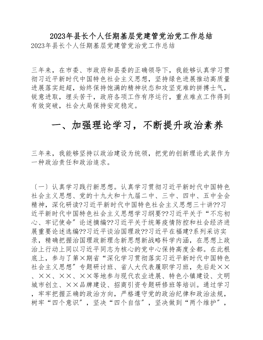 2023年县长个人任期基层党建管党治党工作总结.doc_第1页