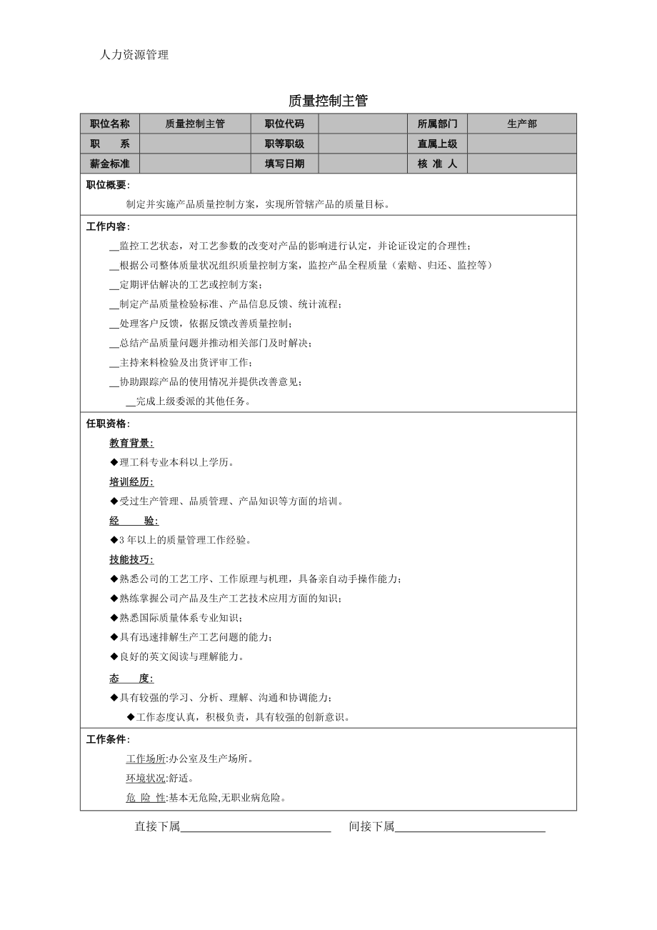 人力资源管理 企业管理 岗位说明 质量控制主管岗位职责.docx_第1页