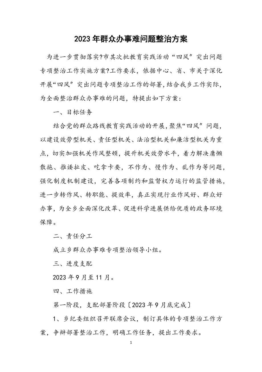 2023年群众办事难问题整治方案.docx_第1页