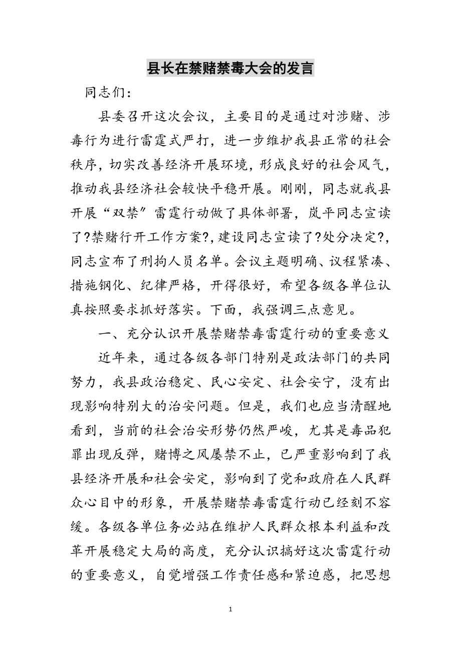 2023年县长在禁赌禁毒大会的发言范文.doc_第1页