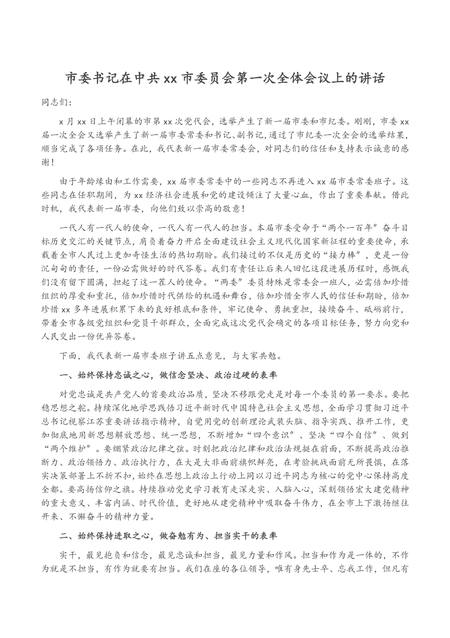 2023年市委书记在中共XX市委员会第一次全体会议上的讲话.doc_第1页