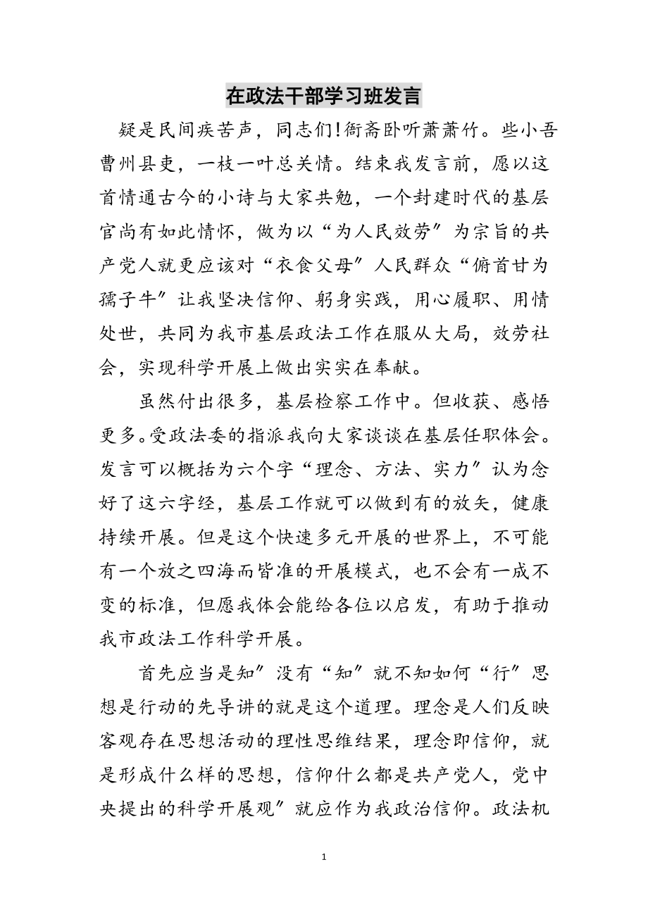 2023年在政法干部学习班发言范文.doc_第1页