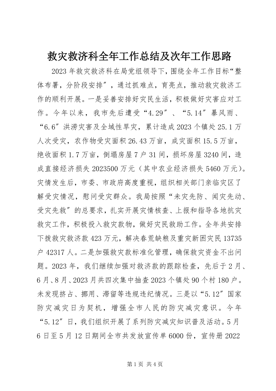 2023年救灾救济科全工作总结及次工作思路.docx_第1页