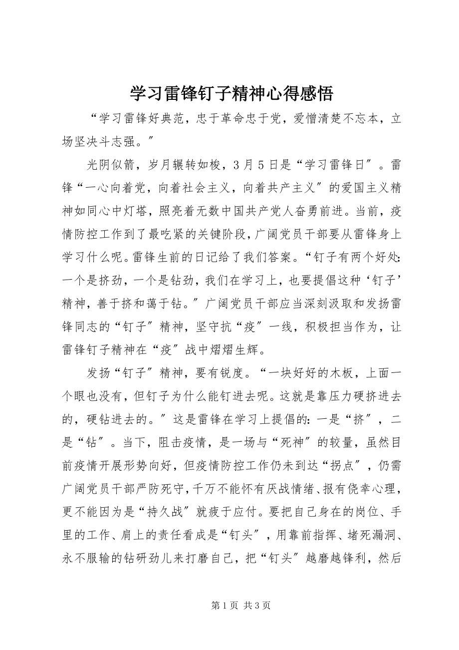 2023年学习雷锋钉子精神心得感悟.docx_第1页