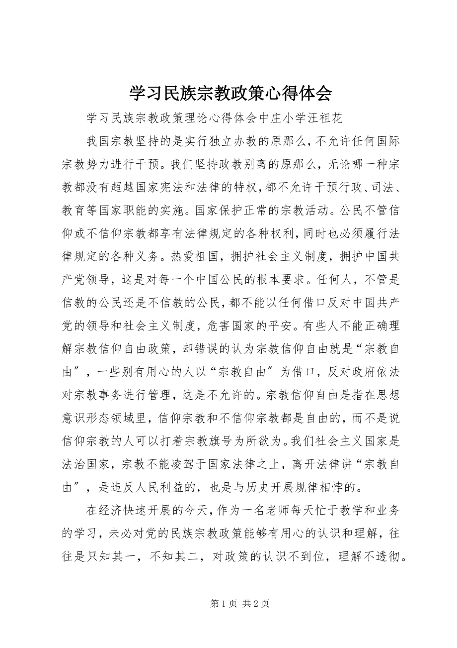 2023年学习民族宗教政策心得体会.docx_第1页