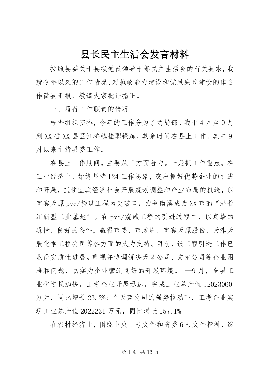 2023年县长民主生活会讲话材料.docx_第1页