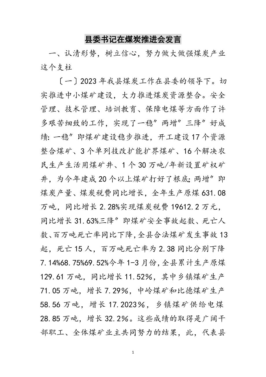 2023年县委书记在煤炭推进会发言范文.doc_第1页