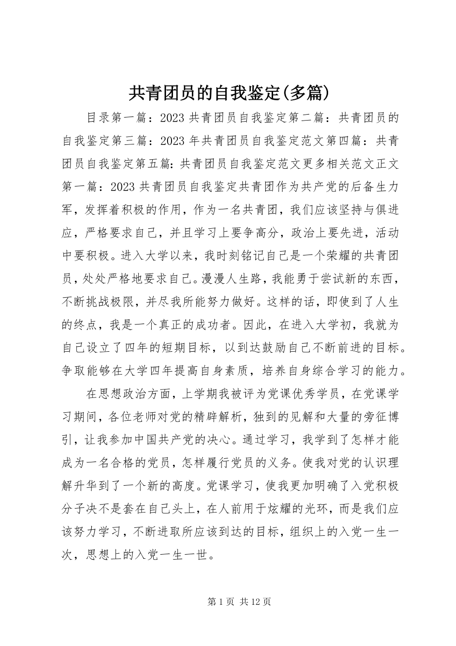 2023年共青团员的自我鉴定精选多篇.docx_第1页