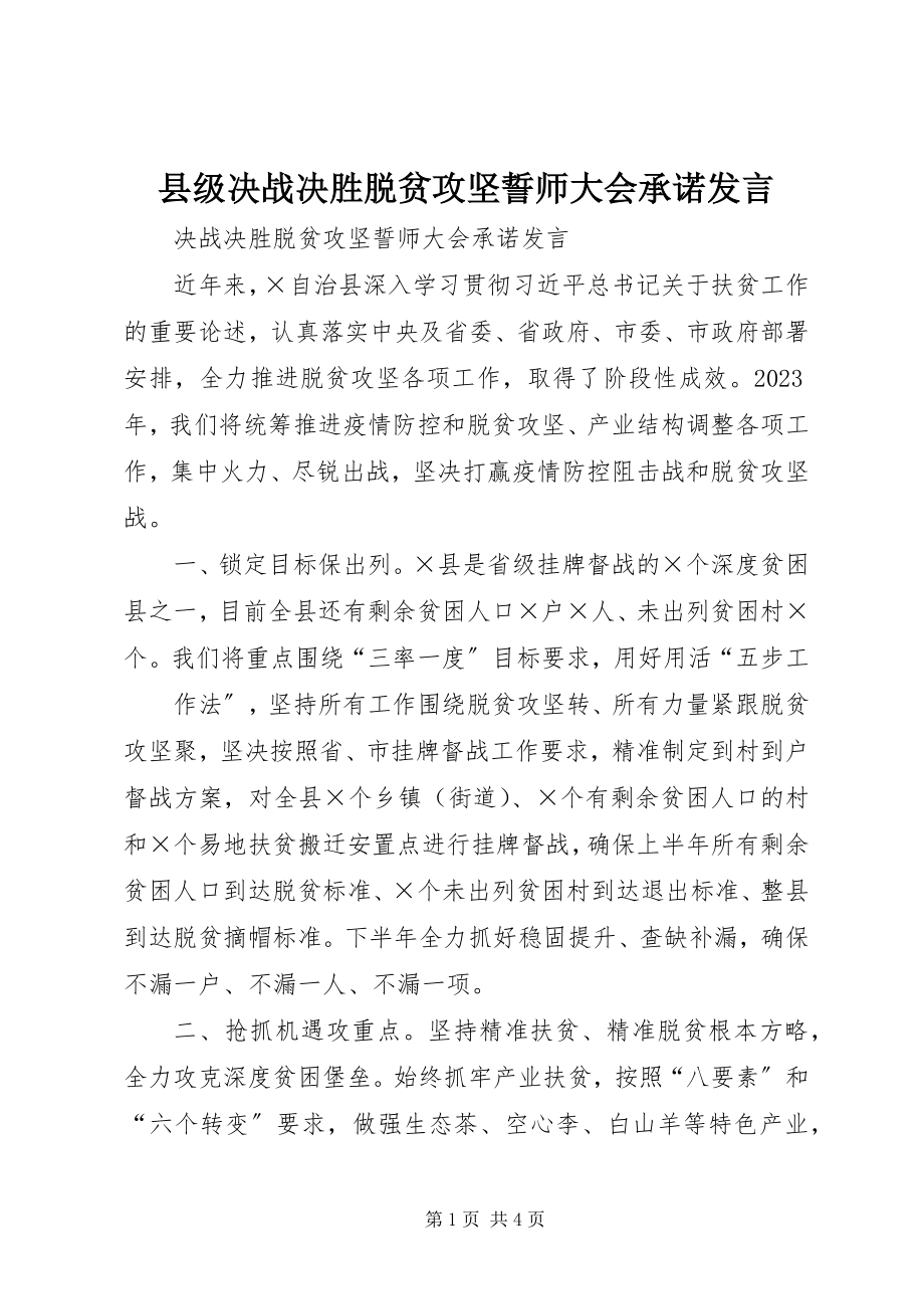 2023年县级决战决胜脱贫攻坚誓师大会承诺讲话.docx_第1页