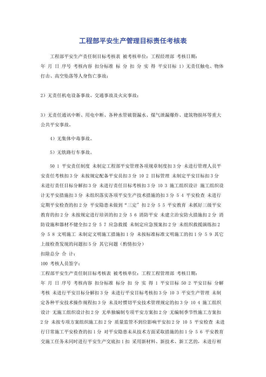 2023年项目部安全生产管理目标责任考核表.docx_第1页