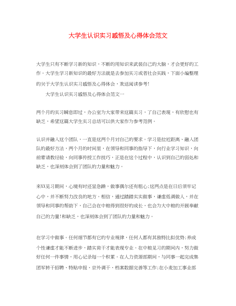 2023年大学生认识实习感悟及心得体会范文.docx_第1页