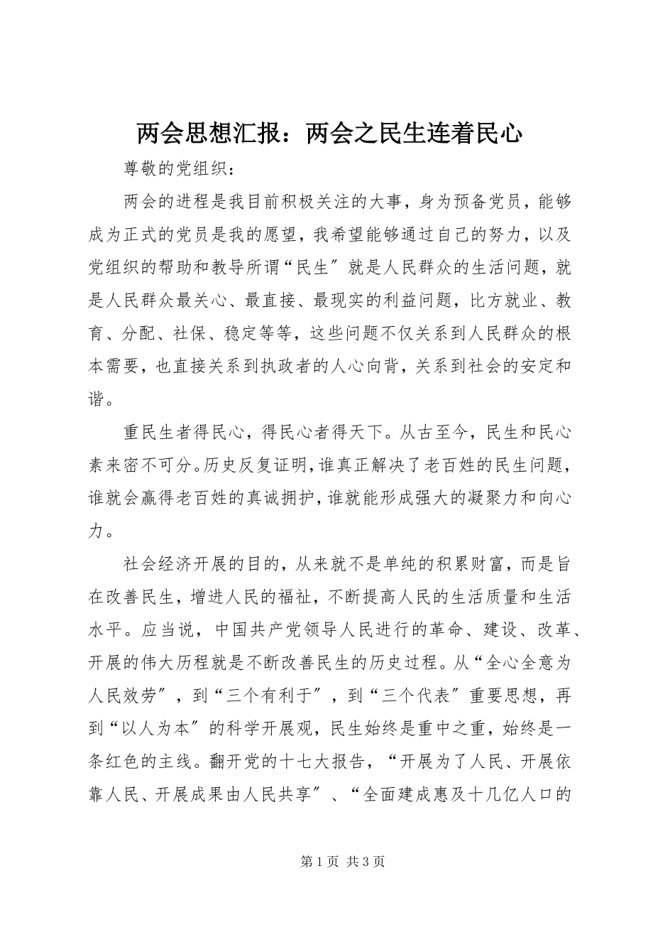 2023年两会思想汇报两会之民生连着民心.docx_第1页