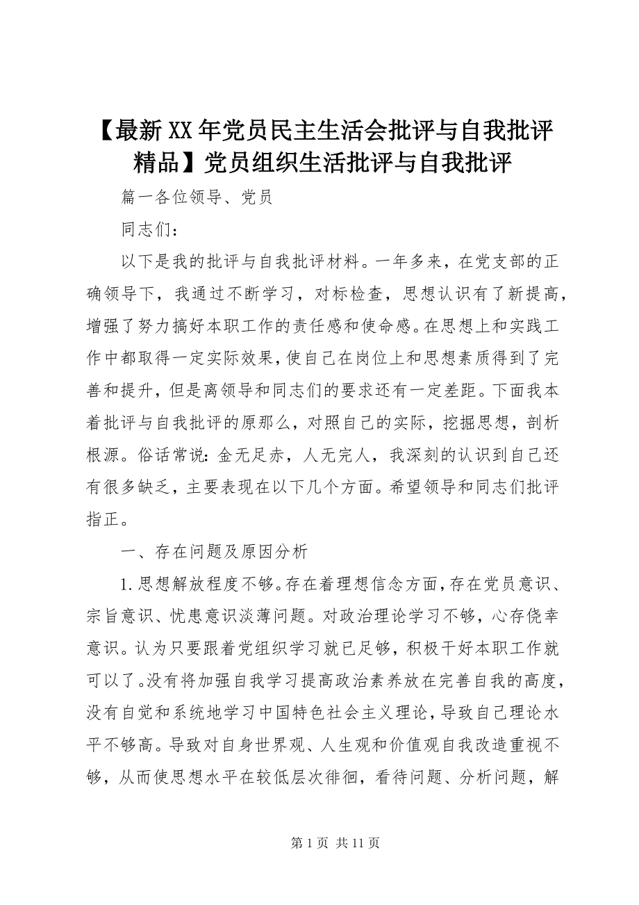 2023年党员民主生活会批评与自我批评精品党员组织生活批评与自我批评.docx_第1页