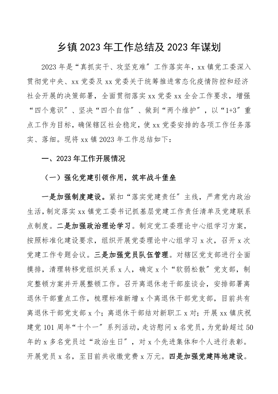 乡镇2023年工作总结及2023年谋划工作总结和工作计划.docx_第1页