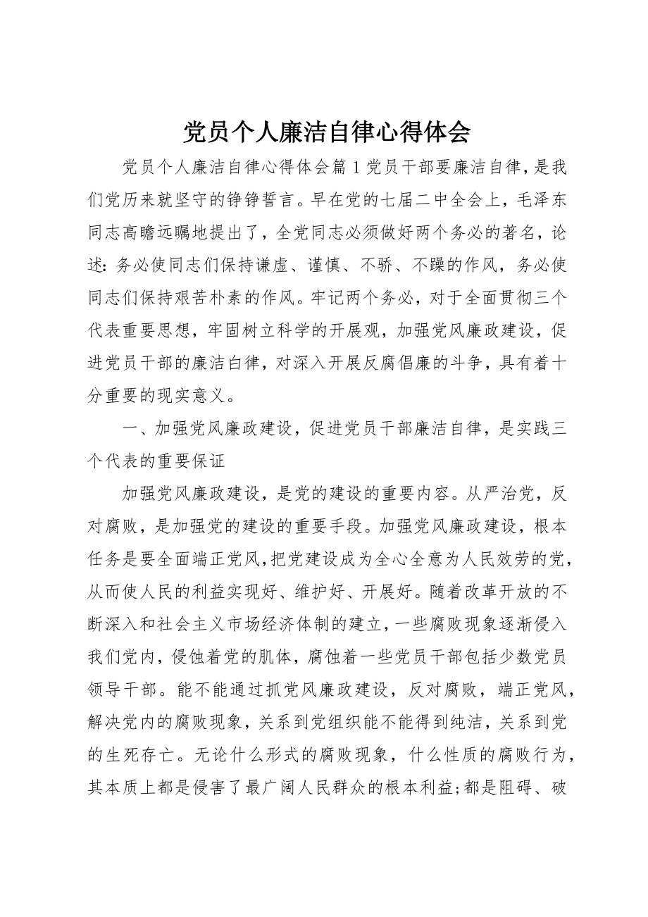 2023年党员个人廉洁自律心得体会.docx_第1页