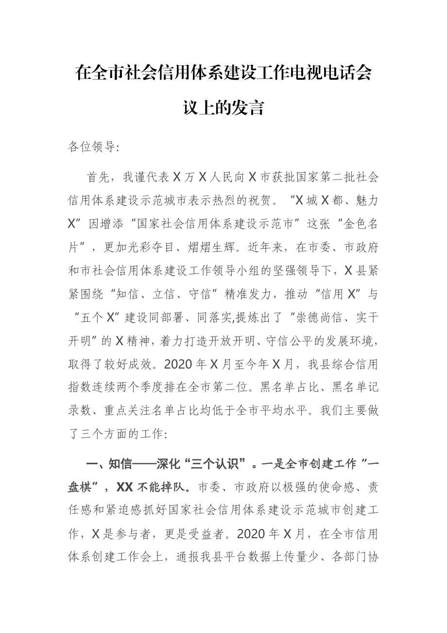 在全市社会信用体系建设工作电视电话会议上的发言.docx_第1页