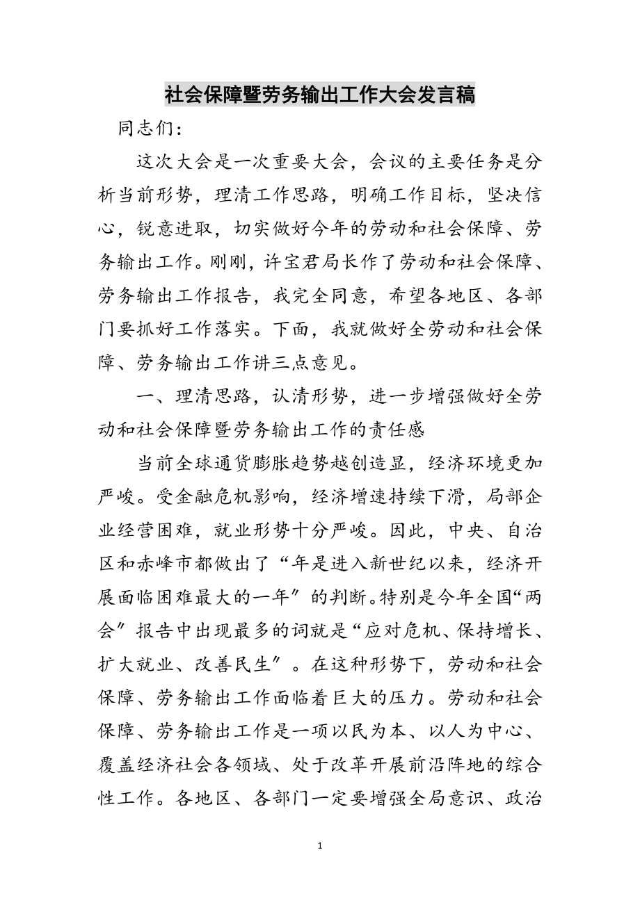 2023年社会保障暨劳务输出工作大会发言稿范文.doc_第1页