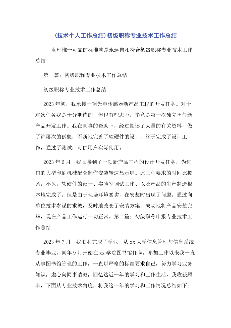 2023年技术个人工作总结初级职称专业技术工作总结.docx_第1页