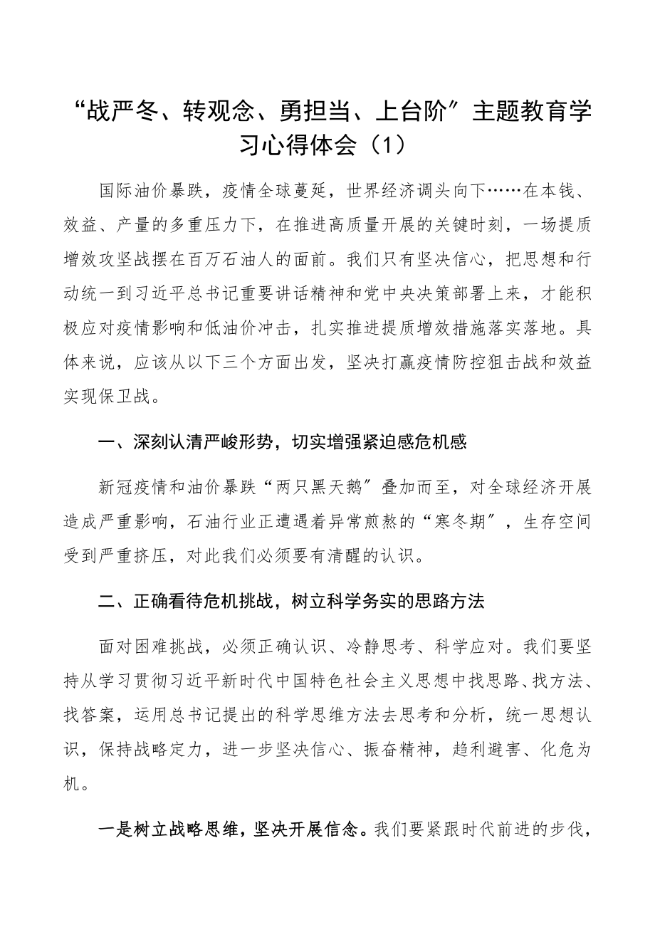 2023年“战严冬、转观念、勇担当、上台阶”主题教育学习心得体会3篇.docx_第1页