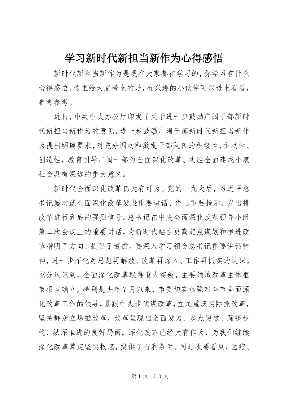 2023年学习新时代新担当新作为心得感悟.docx_第1页