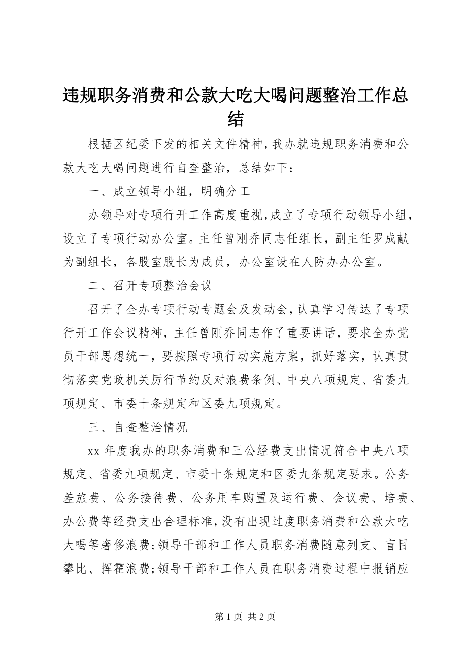 2023年违规职务消费和公款大吃大喝问题整治工作总结.docx_第1页