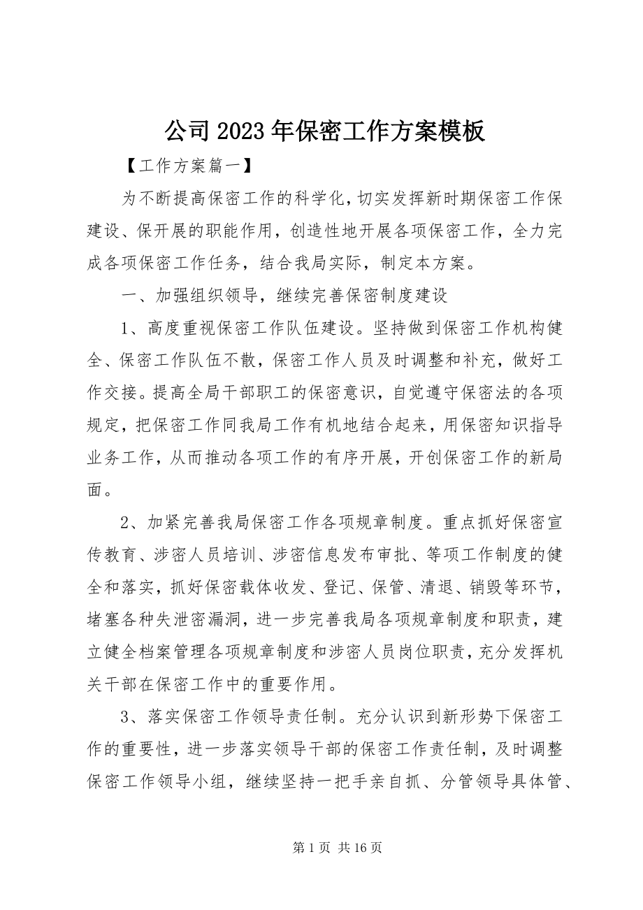 2023年公司某年保密工作计划模板精选.docx_第1页