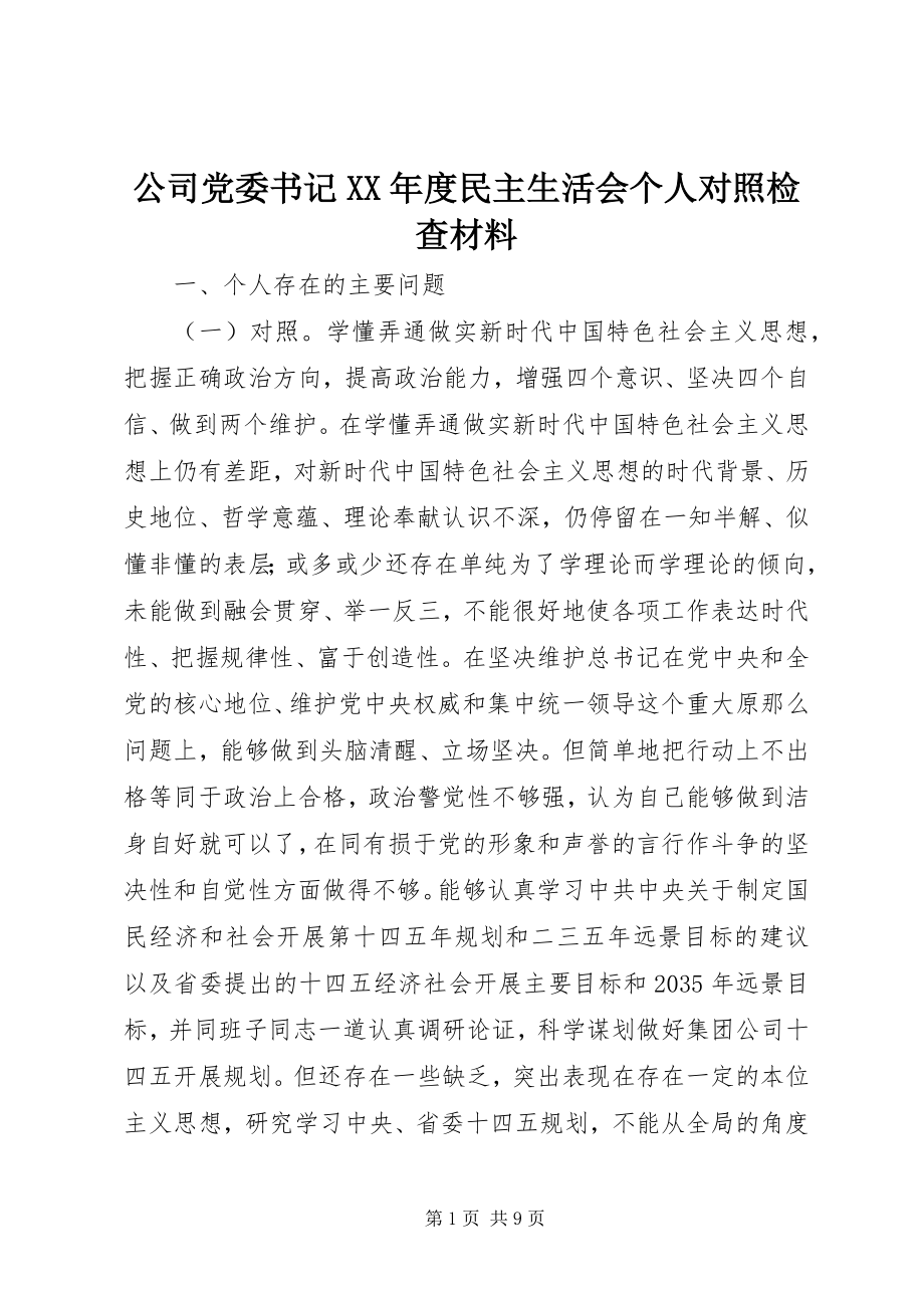 2023年公司党委书记某年度民主生活会个人对照检查材料.docx_第1页