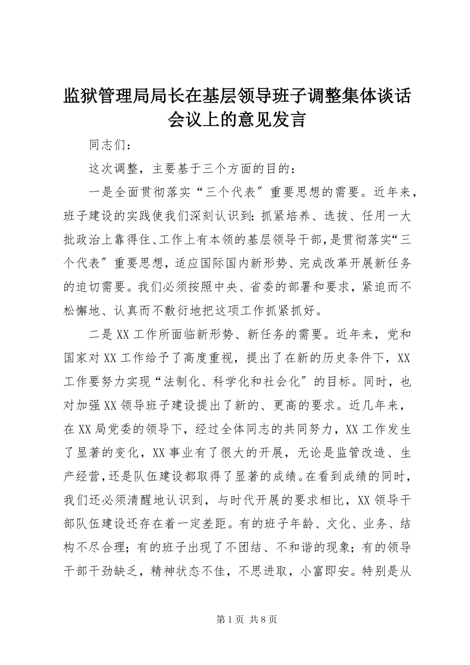 2023年监狱管理局局长在基层领导班子调整集体谈话会议上的意见讲话.docx_第1页