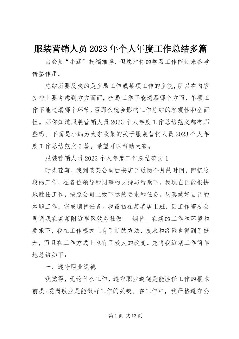 2023年服装营销人员某年个人年度工作总结多篇.docx_第1页