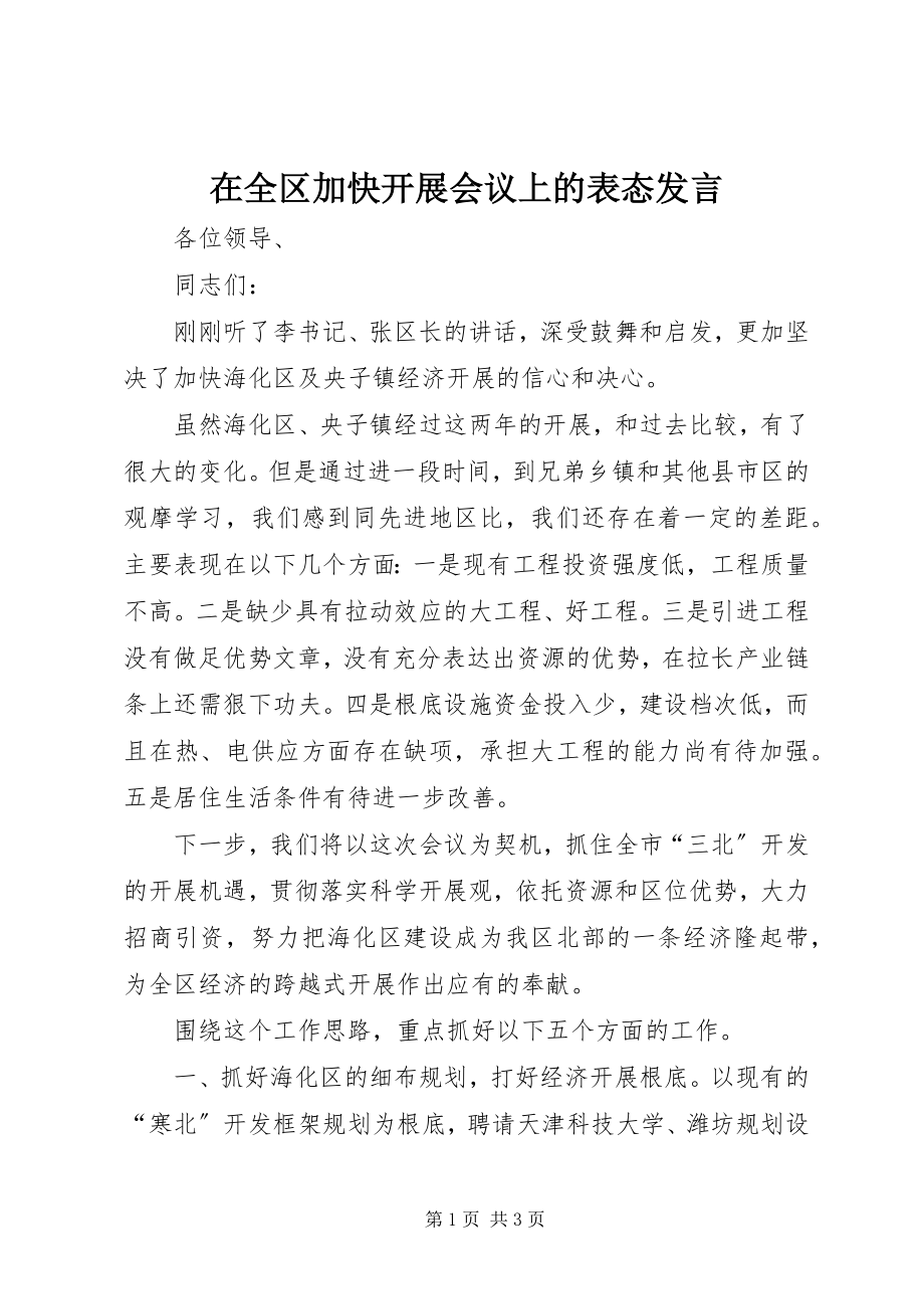 2023年在全区加快发展会议上的表态讲话.docx_第1页