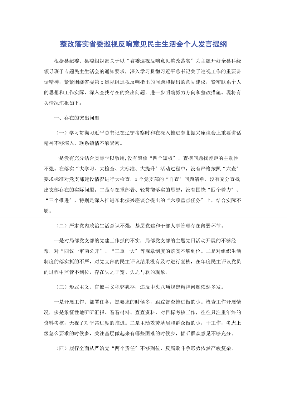 2023年整改落实省委巡视反馈意见民主生活会个人发言提纲.docx_第1页