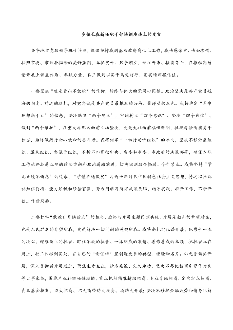 乡镇长在新任职干部培训座谈上的发言范文.docx_第1页