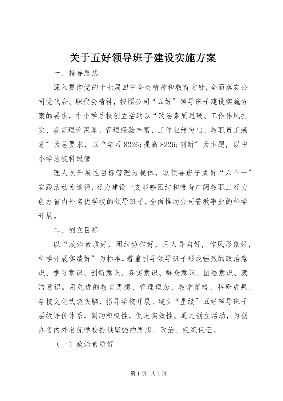 2023年五好领导班子建设实施方案.docx_第1页