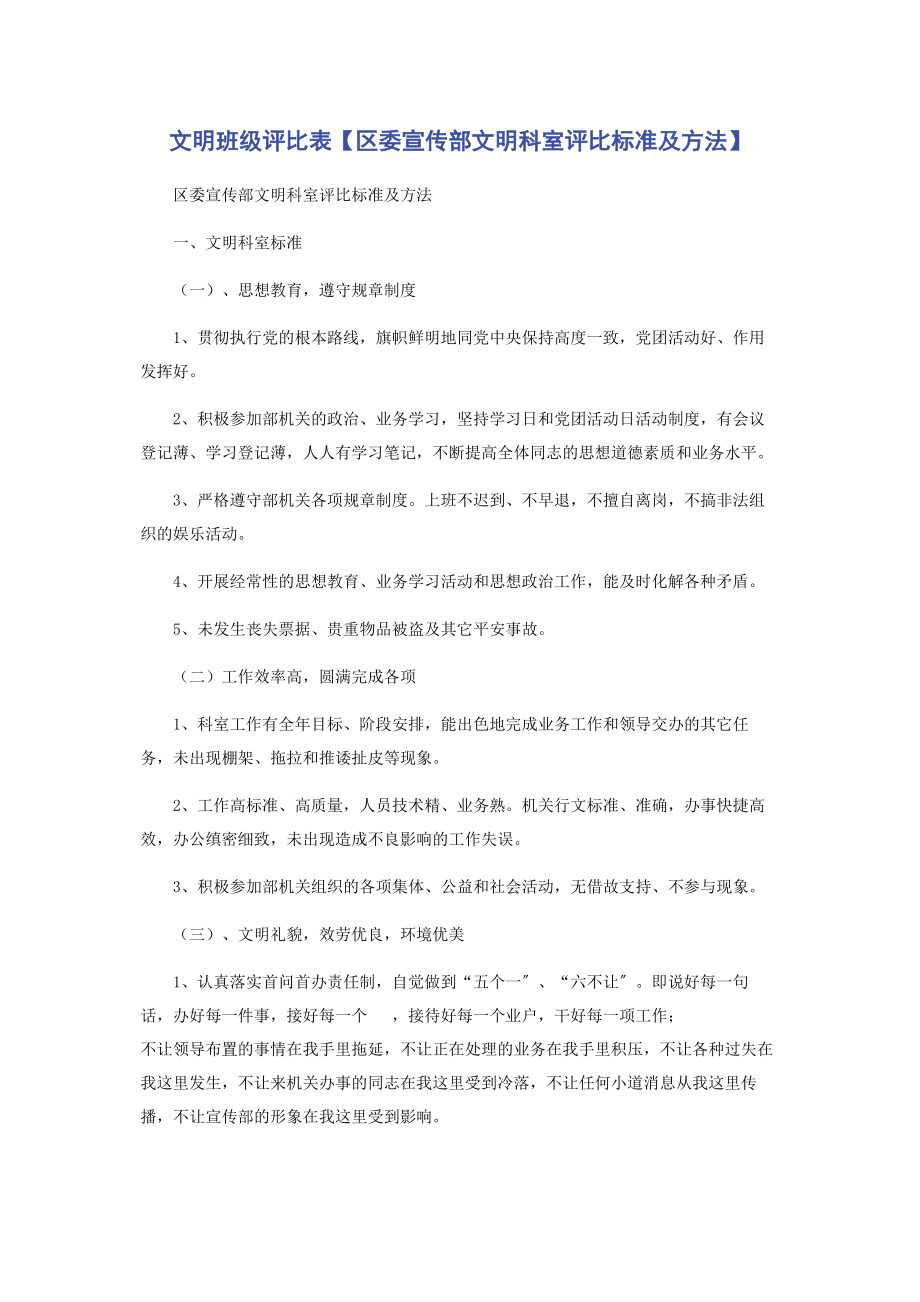 2023年文明班级评比表区委宣传部文明科室评比标准及办法.docx_第1页